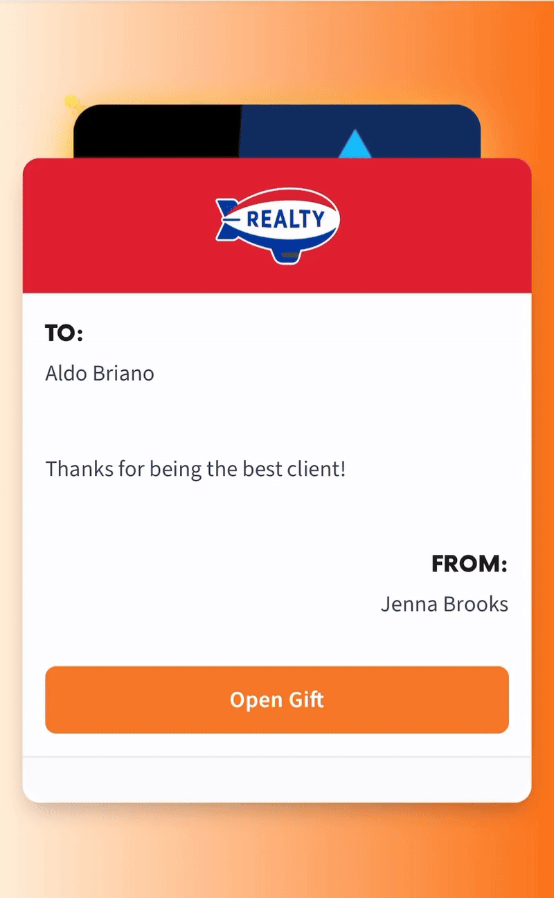 A gift recipient seeing their Community Card — with branded card, personal message, and Open Gift button